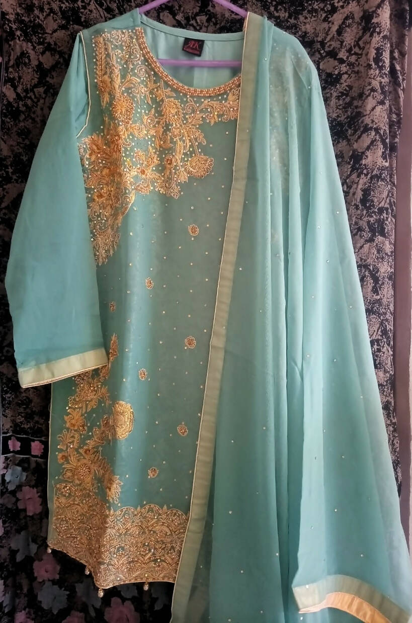 AK collection | Blue Embroidered 3 PC chiffon Suit | Women Branded Formals | Medium | New