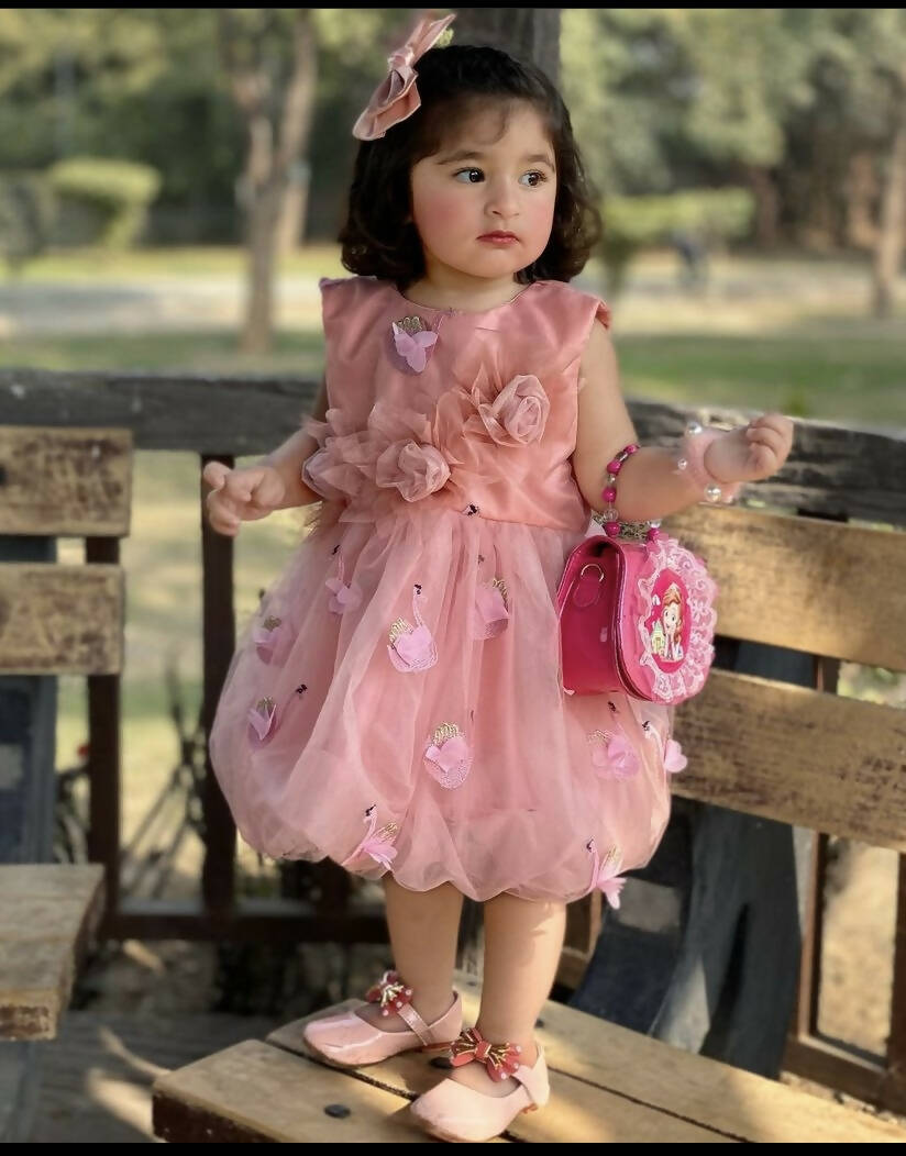 گلابی کڑھائی والا نیٹ لباس (سائز: XS ) | لڑکیوں کے اسکرٹ اور کپڑے | نئی