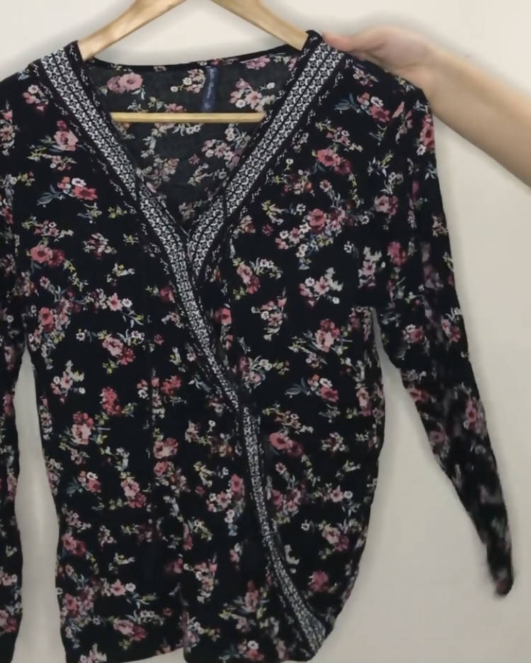 Outfitters | Black Floral Criss Cross Draped Shirt | Women Tops & Shirts | Small | Preloved