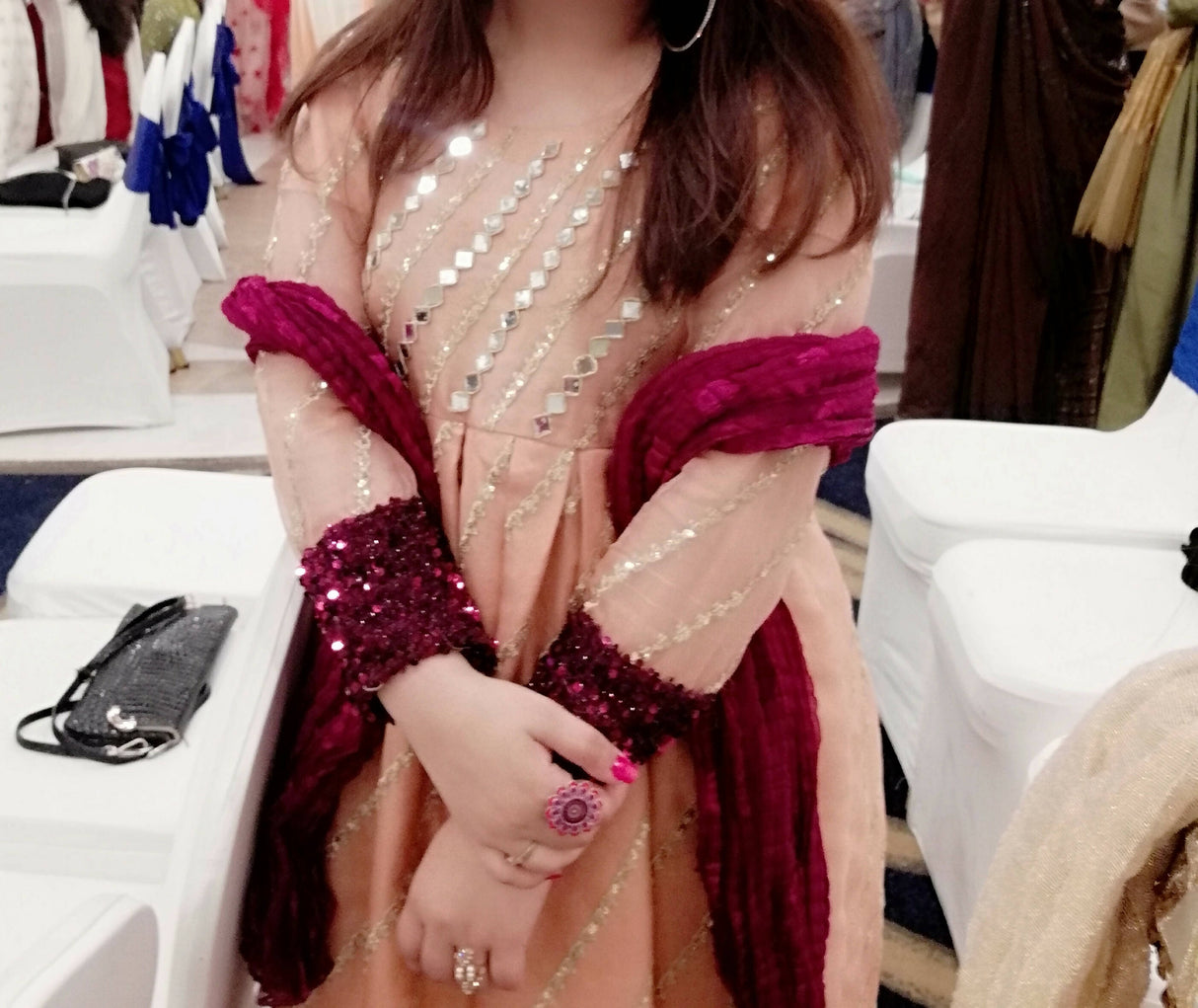 Peach Mirror Work Organza Frock | Women Frocks & Maxis | Medium | Worn Once