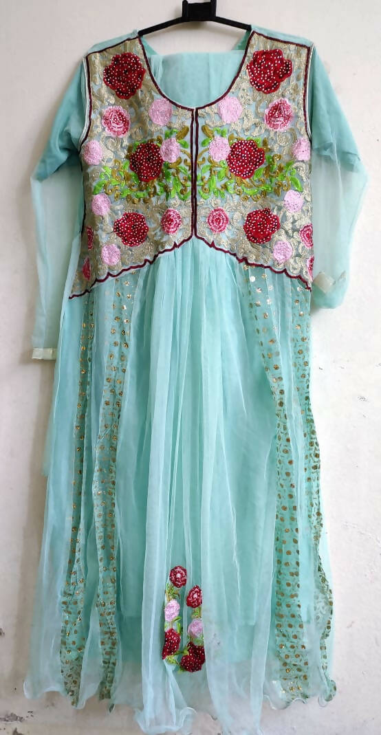Sea Green Net Floral Work Gown Style Frock | Women Frocks & Maxis | Small | Preloved