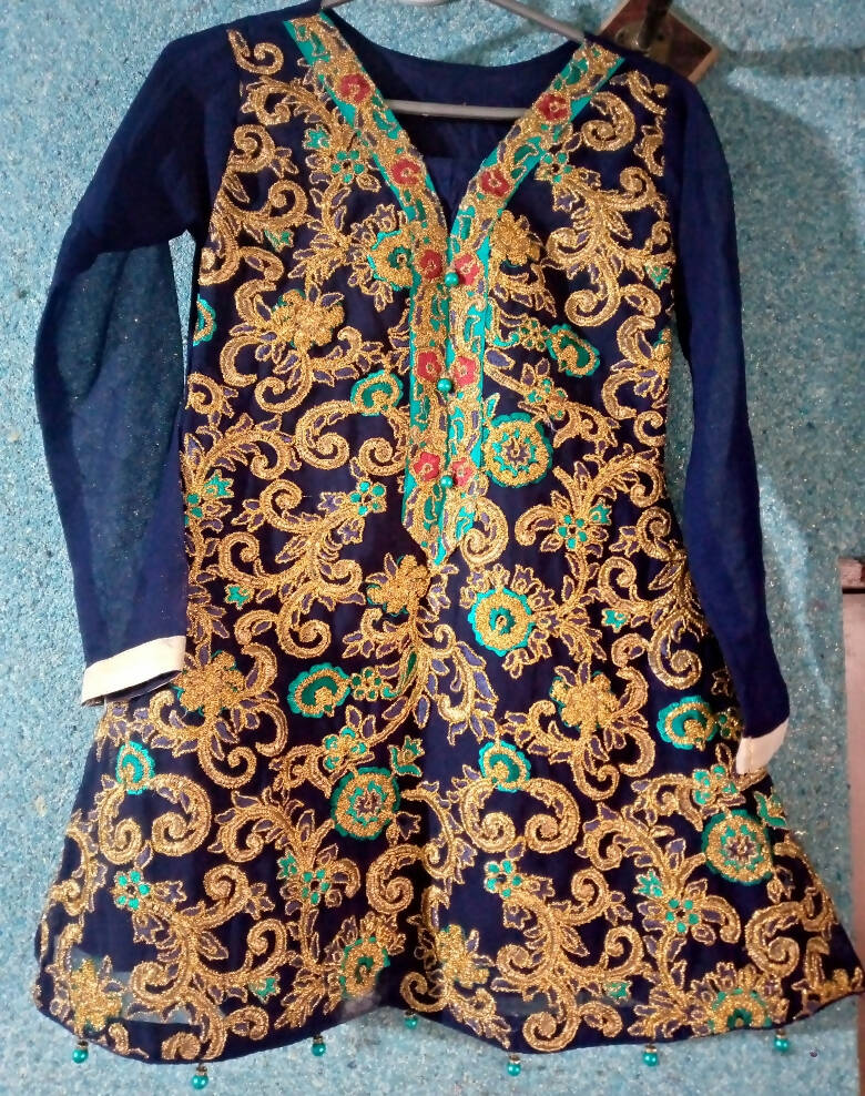 Blue Short shirt with Sharara | Embroidered Golden touch | Fancy Dress