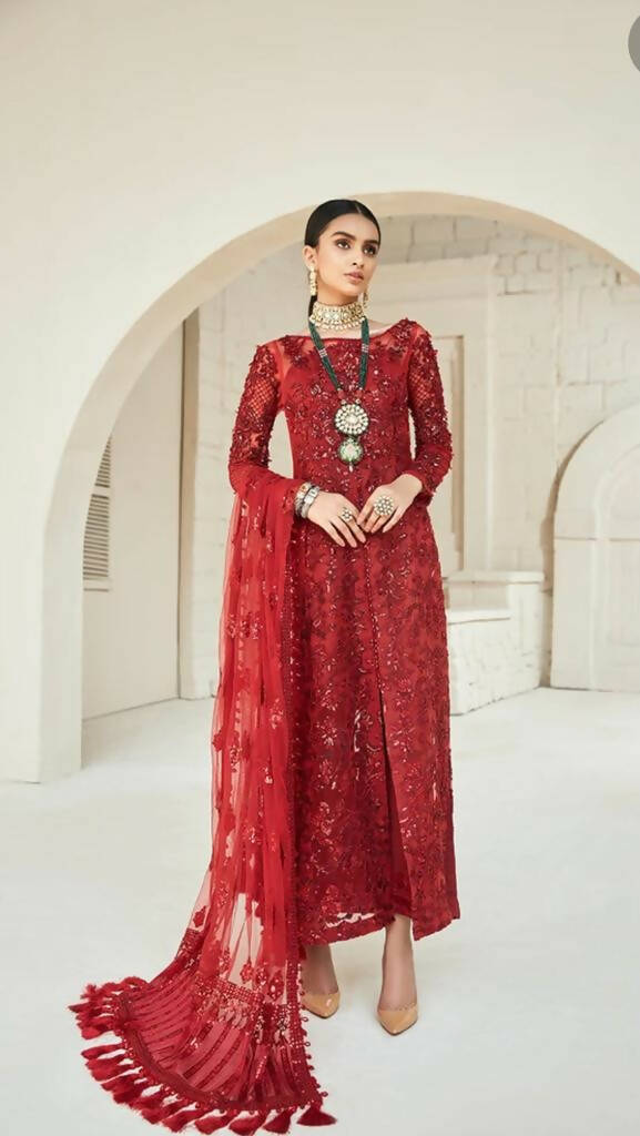 Maryam Hussain | Maroon 3Pcs Suit Luxury Wedding Collection | Women Branded Formals | Large | Worn Once