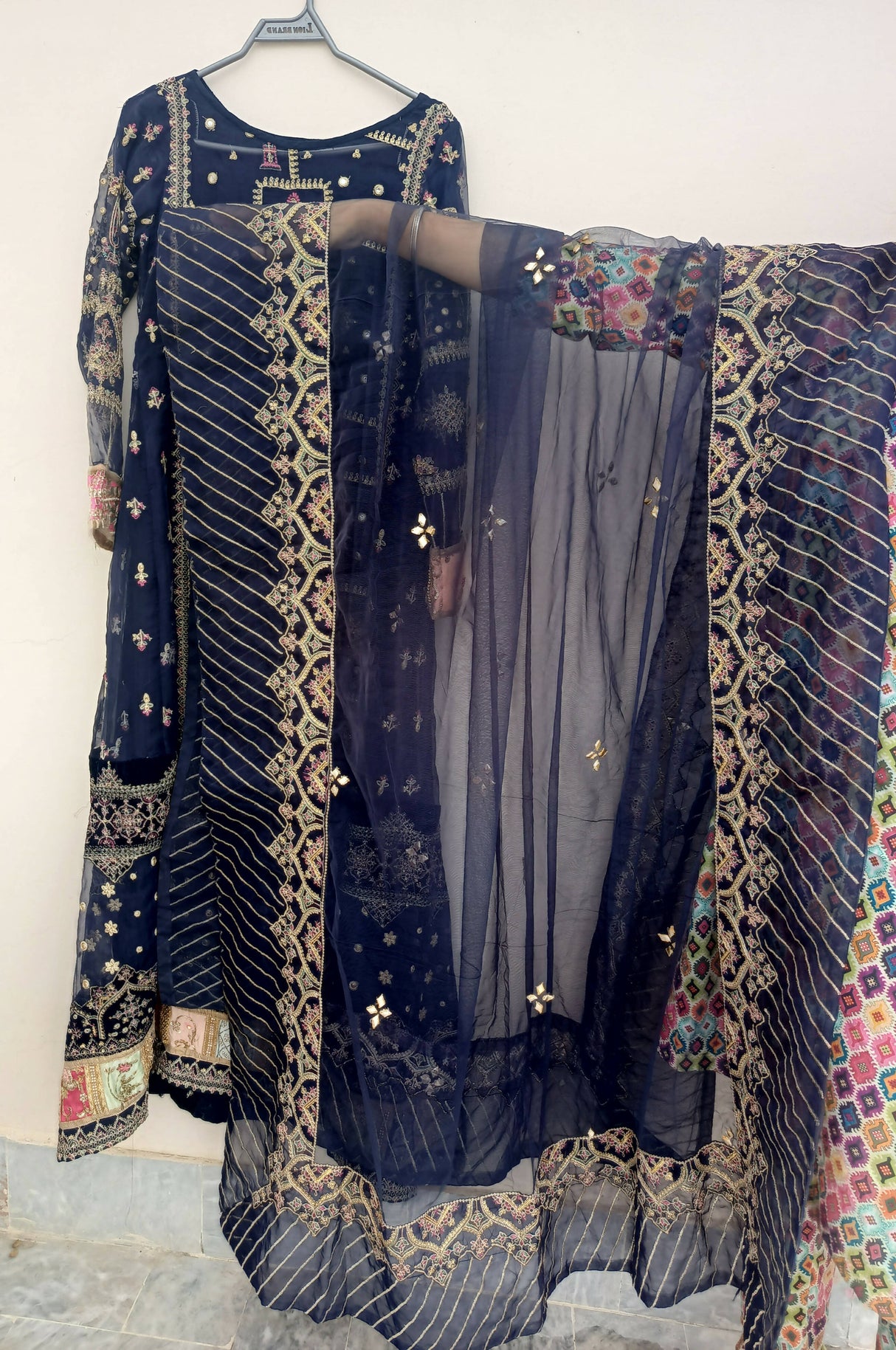 Qalamkar | Navy blue embroidered 3Pc suit | Women Branded Formals | Small | Worn Once