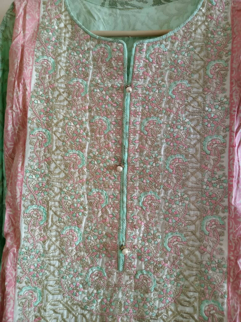 Sea Green & Pink Embroidered Kurta | Women Locally Made Formals | Medium | New