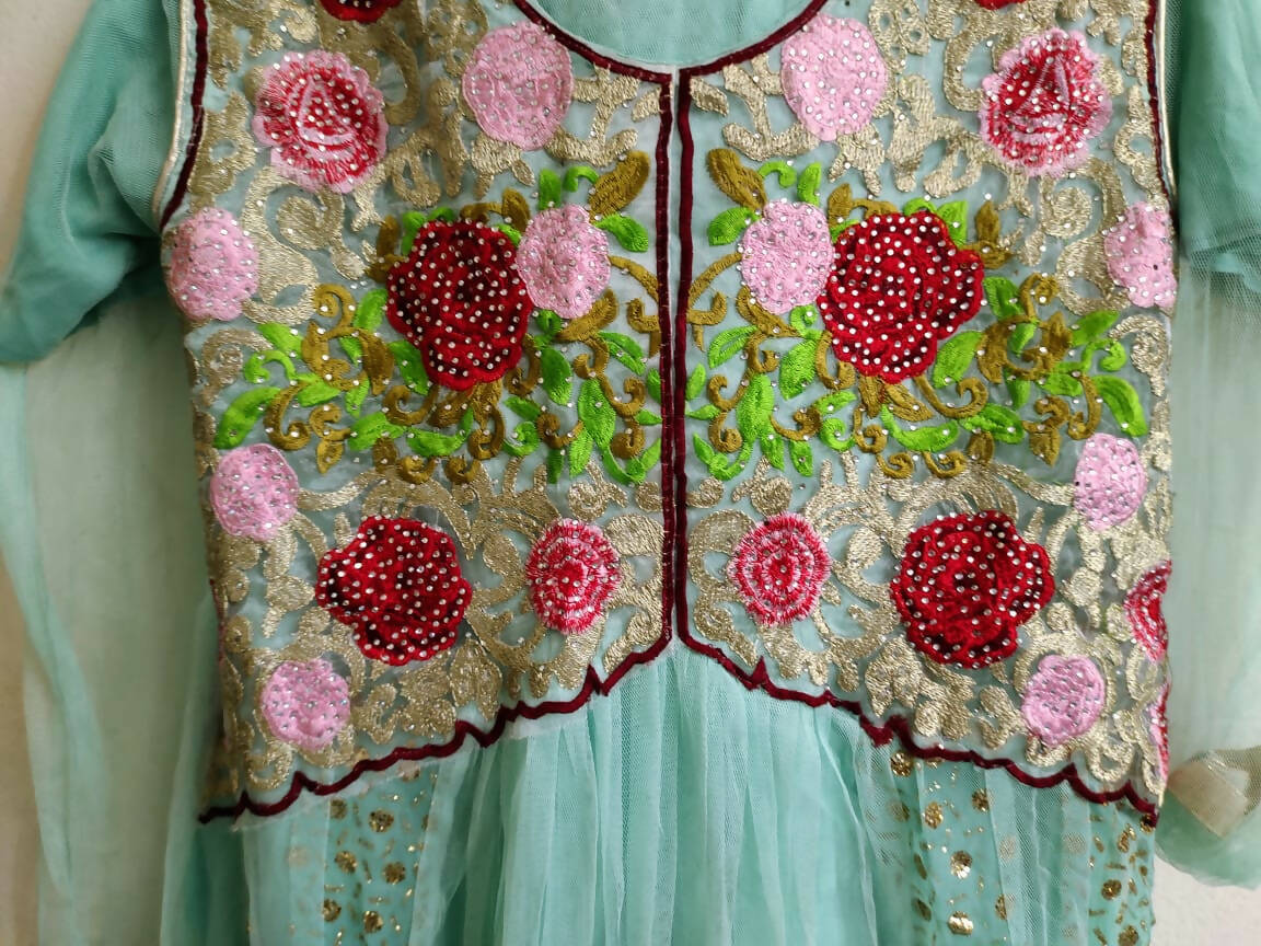 Sea Green Net Floral Work Gown Style Frock | Women Frocks & Maxis | Small | Preloved