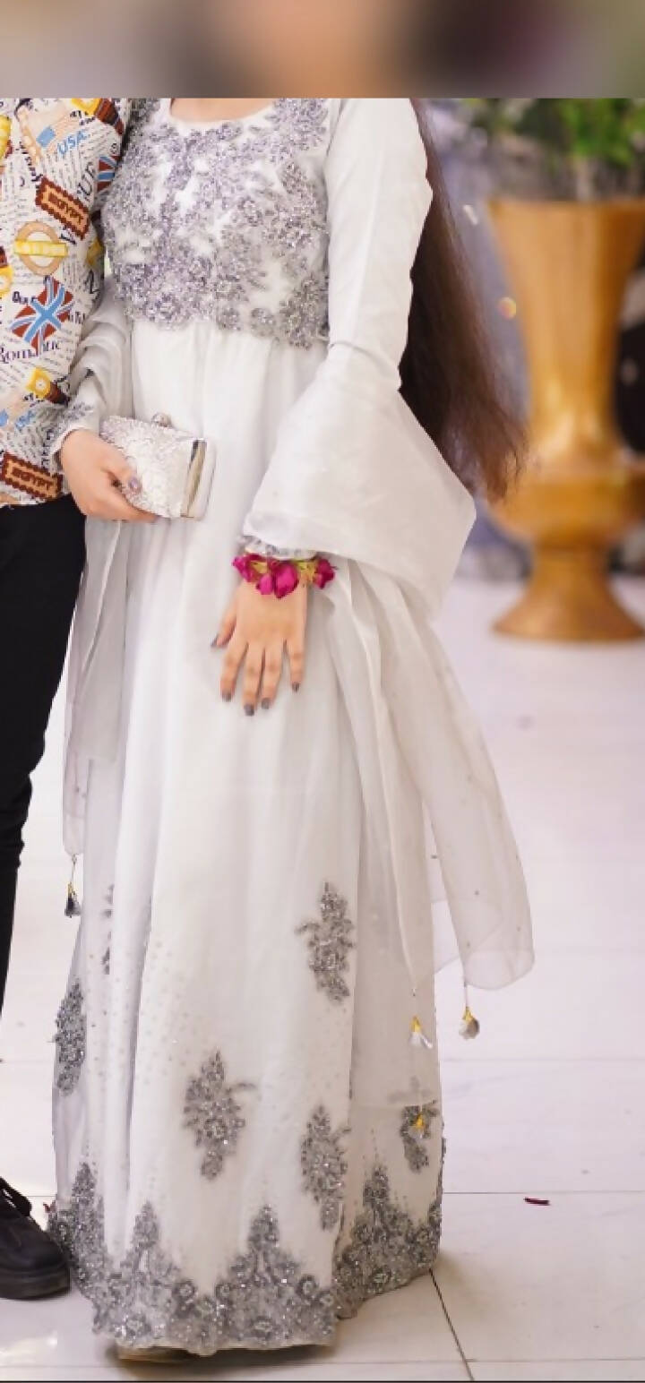 Silver Maxi with Heavy Embroidery | Women Frocks & Maxis | Medium | Worn Once