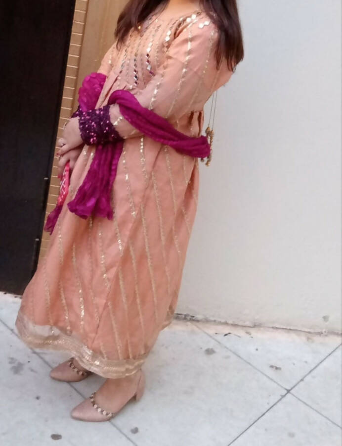 Peach Mirror Work Organza Frock | Women Frocks & Maxis | Medium | Worn Once