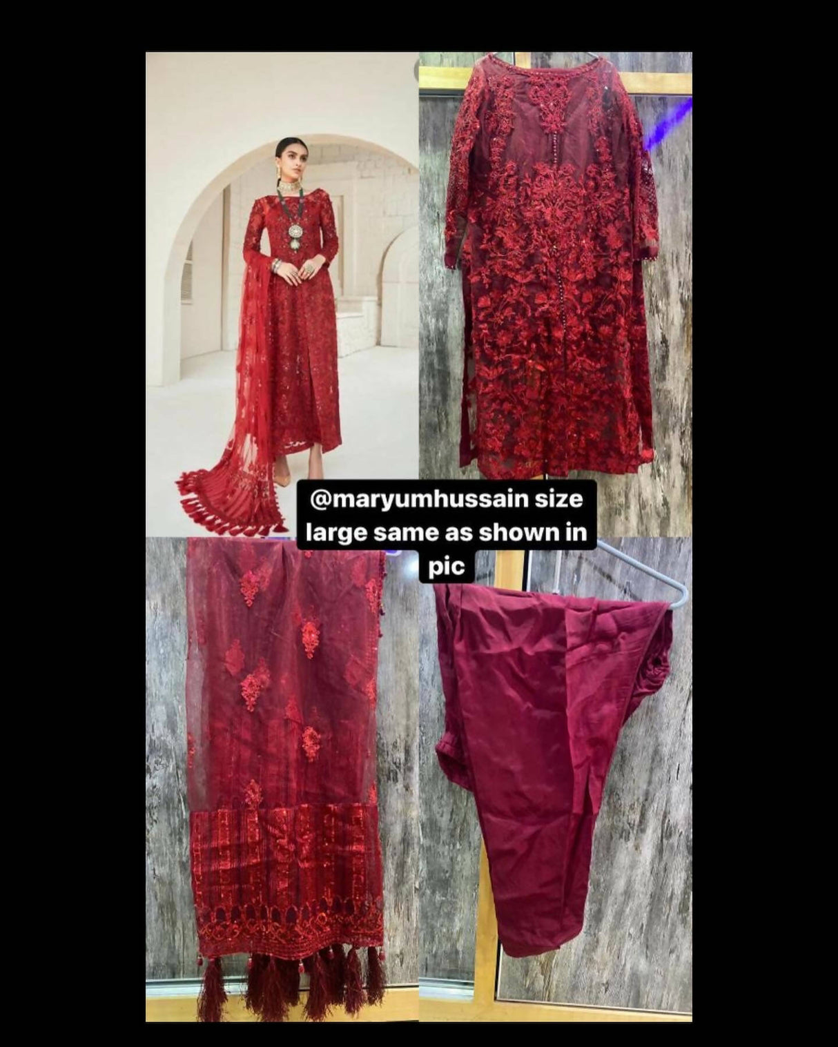 Maryam Hussain | Maroon 3Pcs Suit Luxury Wedding Collection | Women Branded Formals | Large | Worn Once