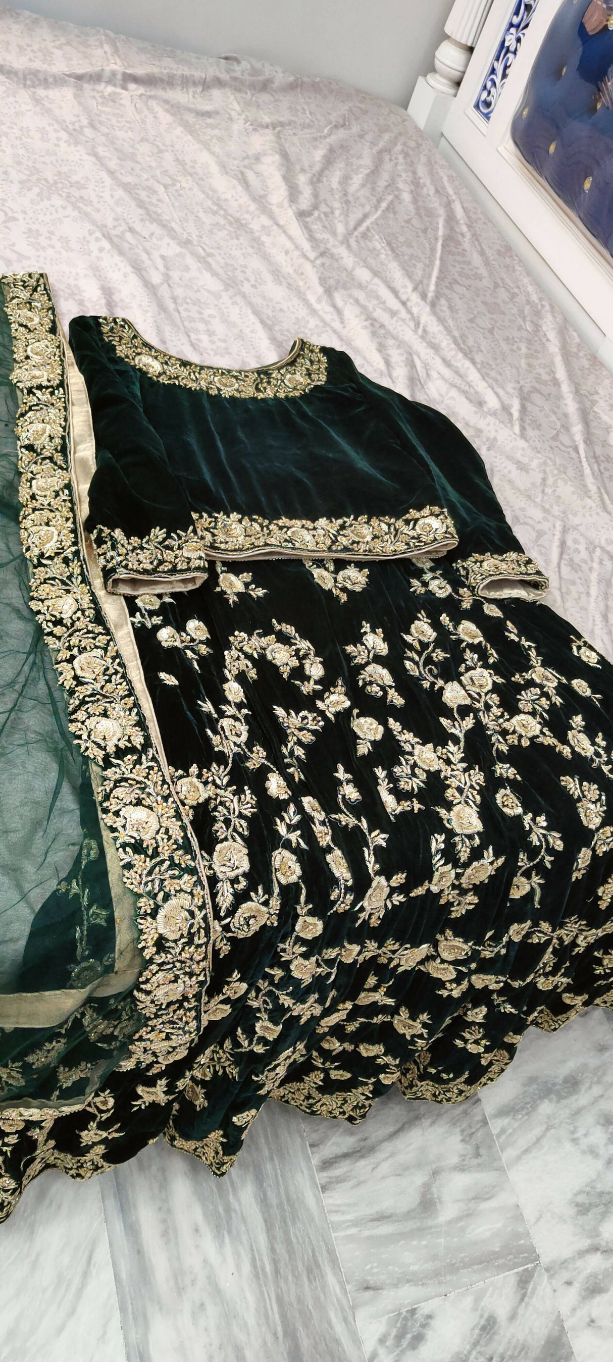 Green Velvet embroidery lehnga | Women Locally Made Formals | Medium | Worn Once