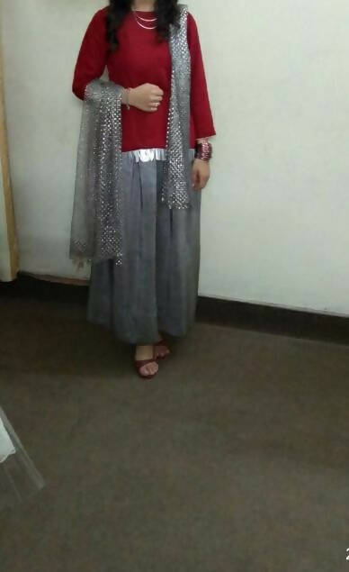 3 PC- Red Maroon Shirt with Skirt and Dupatta | Women Locally Made Formals | Small | Worn Once