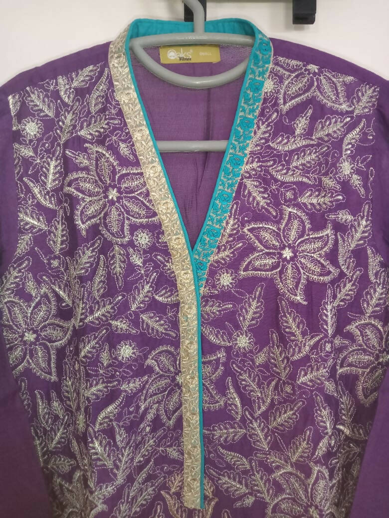 Oaks | Purple Embroidered Kurta | Women Branded Kurta | Small |New