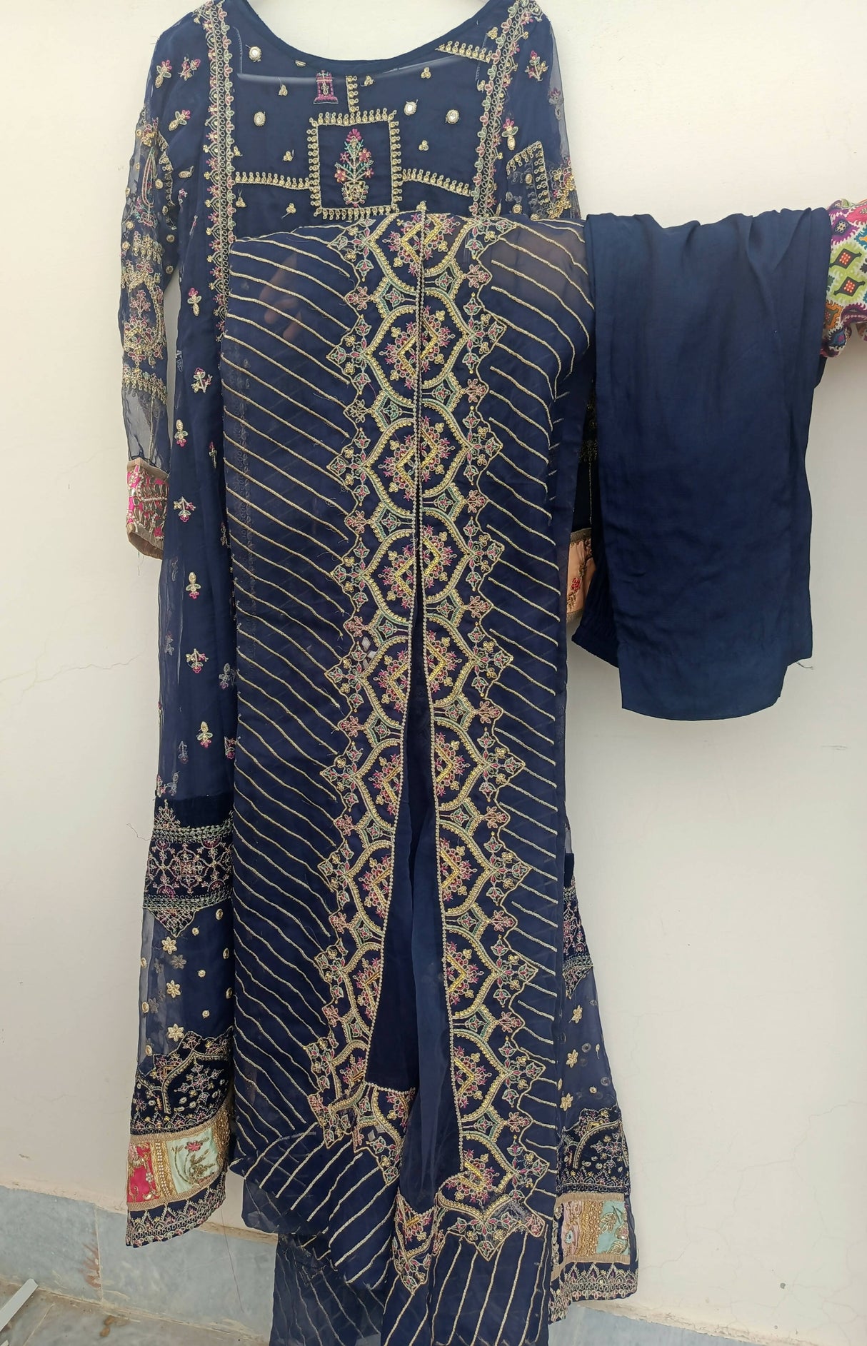Qalamkar | Navy blue embroidered 3Pc suit | Women Branded Formals | Small | Worn Once