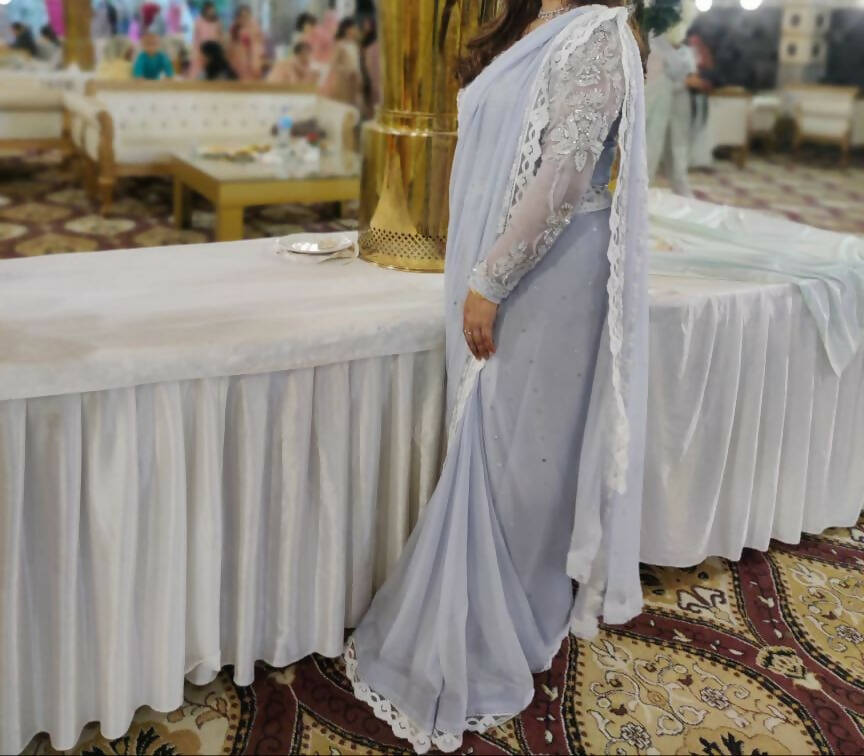 Sky Blue Crystal Pearls Sarees | Women Sarees | Women Locally Made Formals | Medium | Worn Once