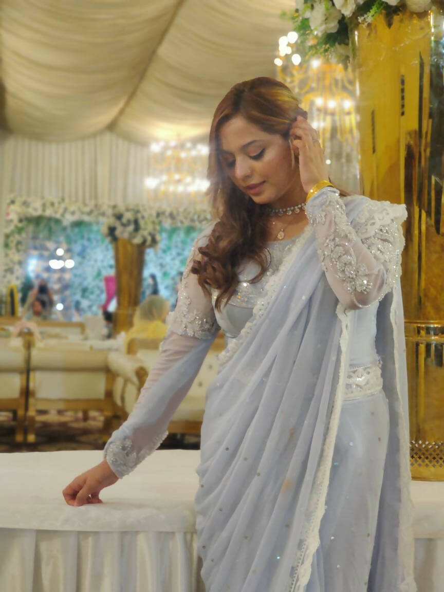 Sky Blue Crystal Pearls Sarees | Women Sarees | Women Locally Made Formals | Medium | Worn Once