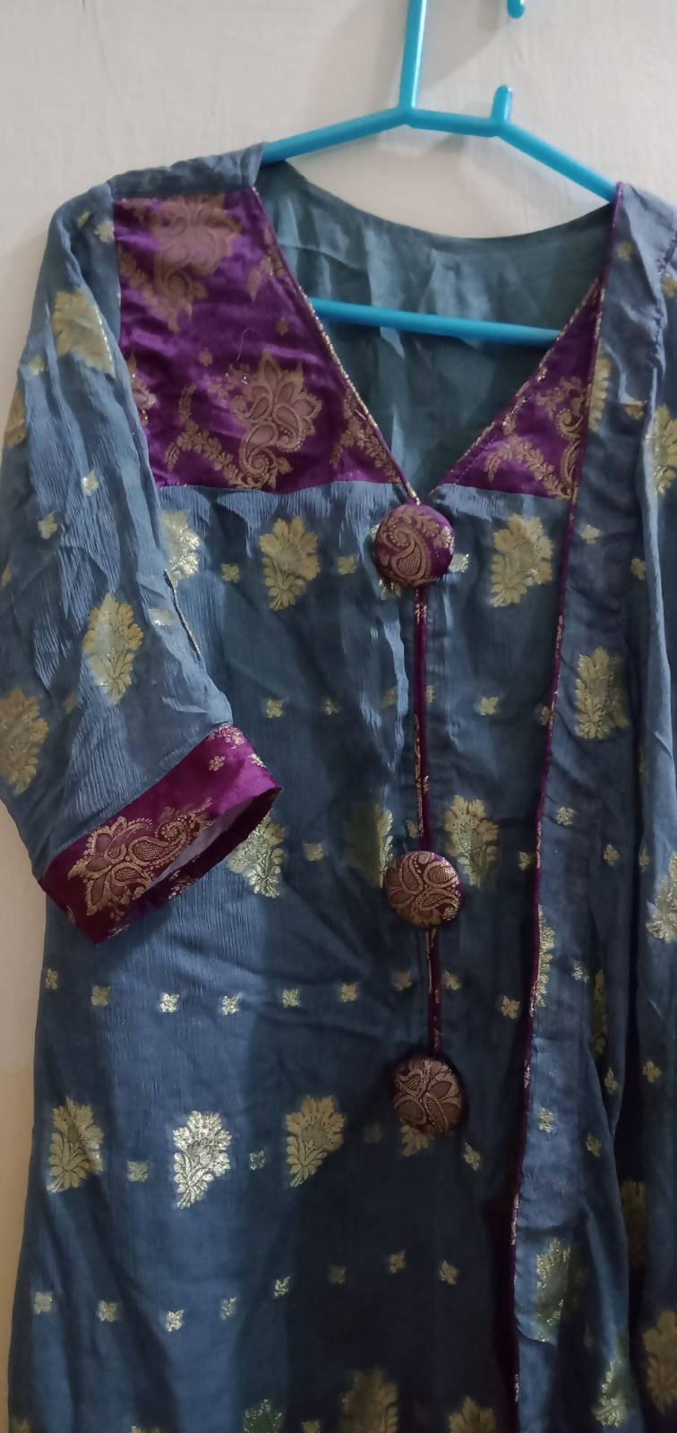 Blue Pure chiffon Jamawar Suit | Women Locally Made Formals | Small | Preloved