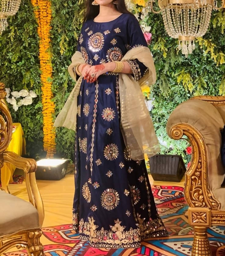 Navy Blue Frok with Mirror Work | Women Formals | Medium | Worn Once