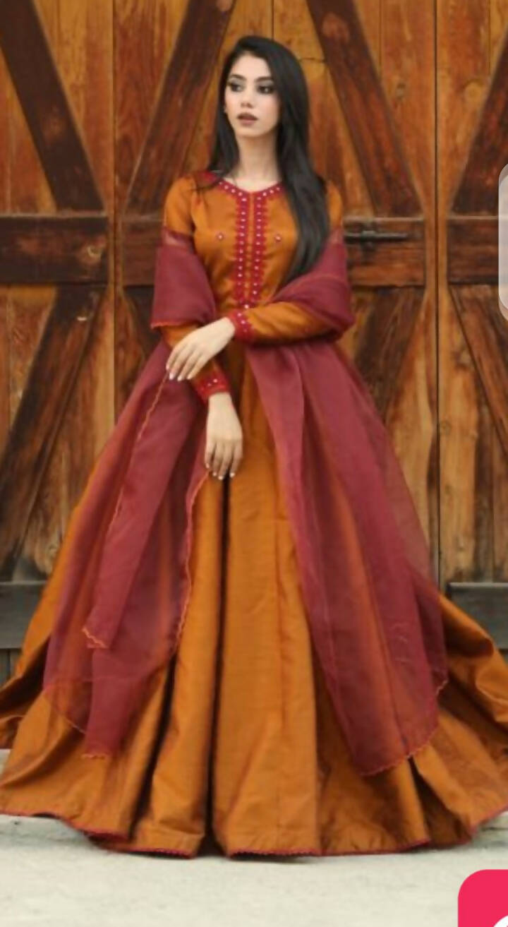 Shehninas| Brown Rawsilk Maxi | Women Branded Formals | Medium | New