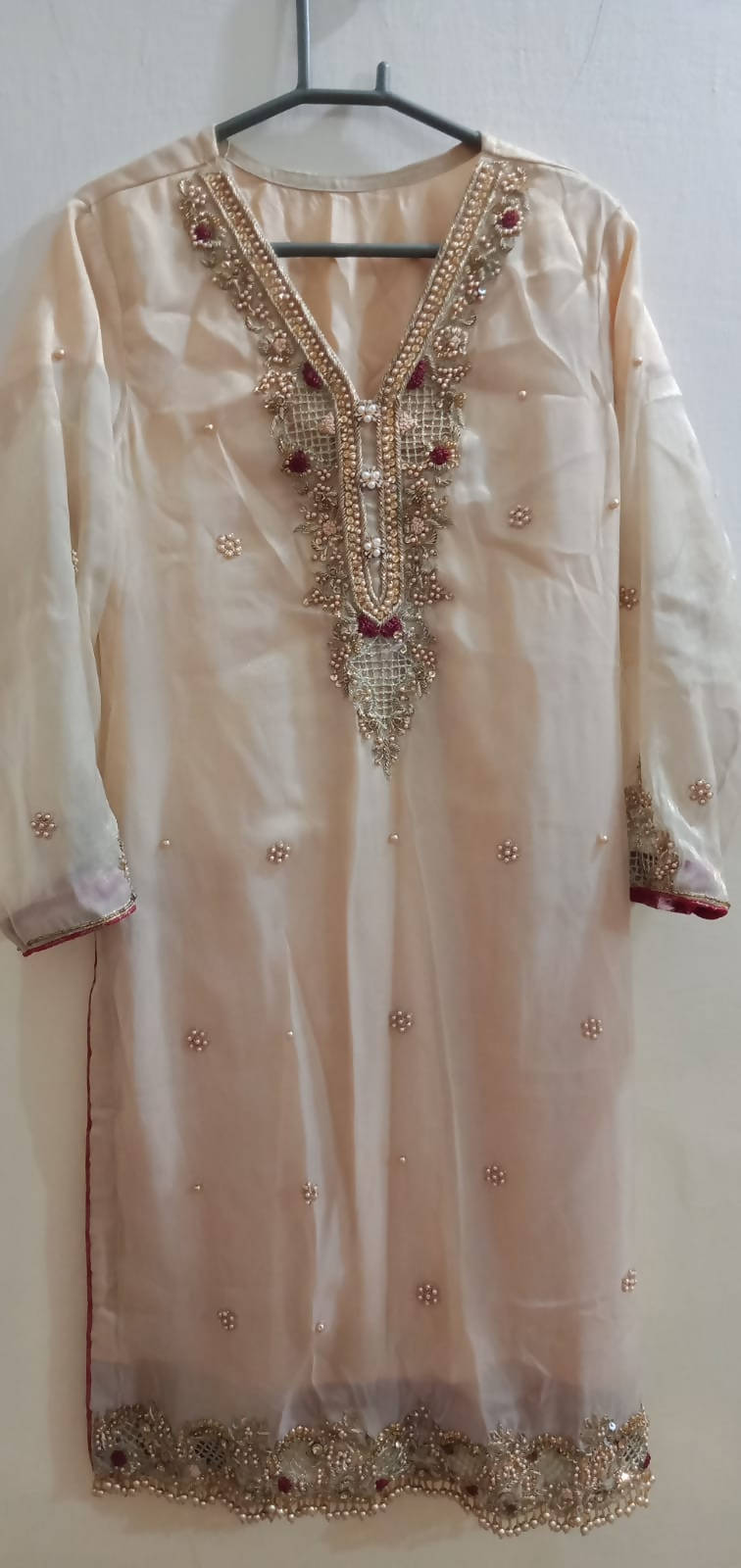 Peach Beige Organza Fancy Kurta | Women Locally Made Formals | Small | Worn Once