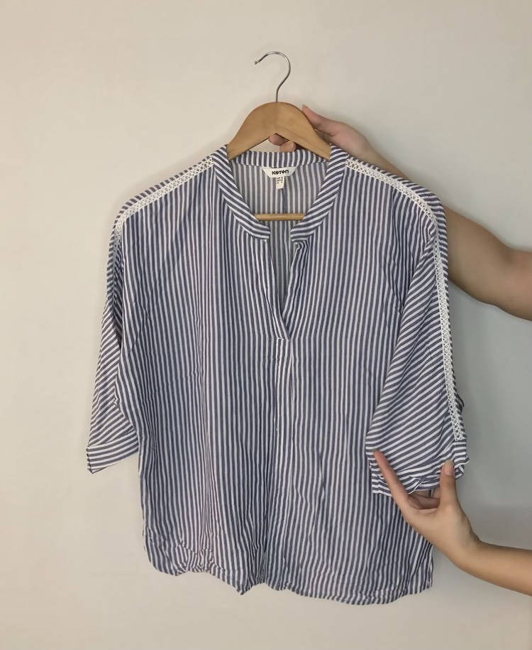 Koton | Grey Mandarin Collar Striped Baggy Shirt | Women Tops & Shirts | Small | Preloved