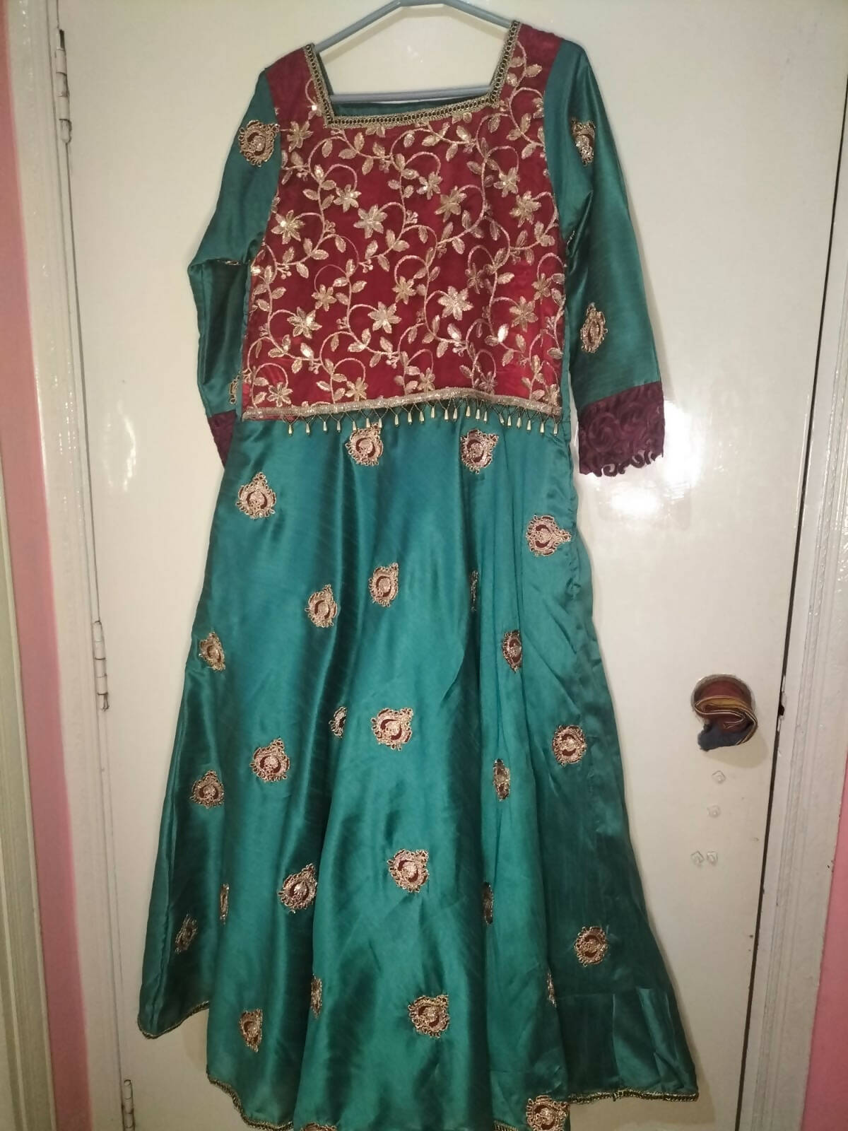 Sea Green & Maroon Frock With Trouser | Women Frocks & Maxis | Small | Worn Once