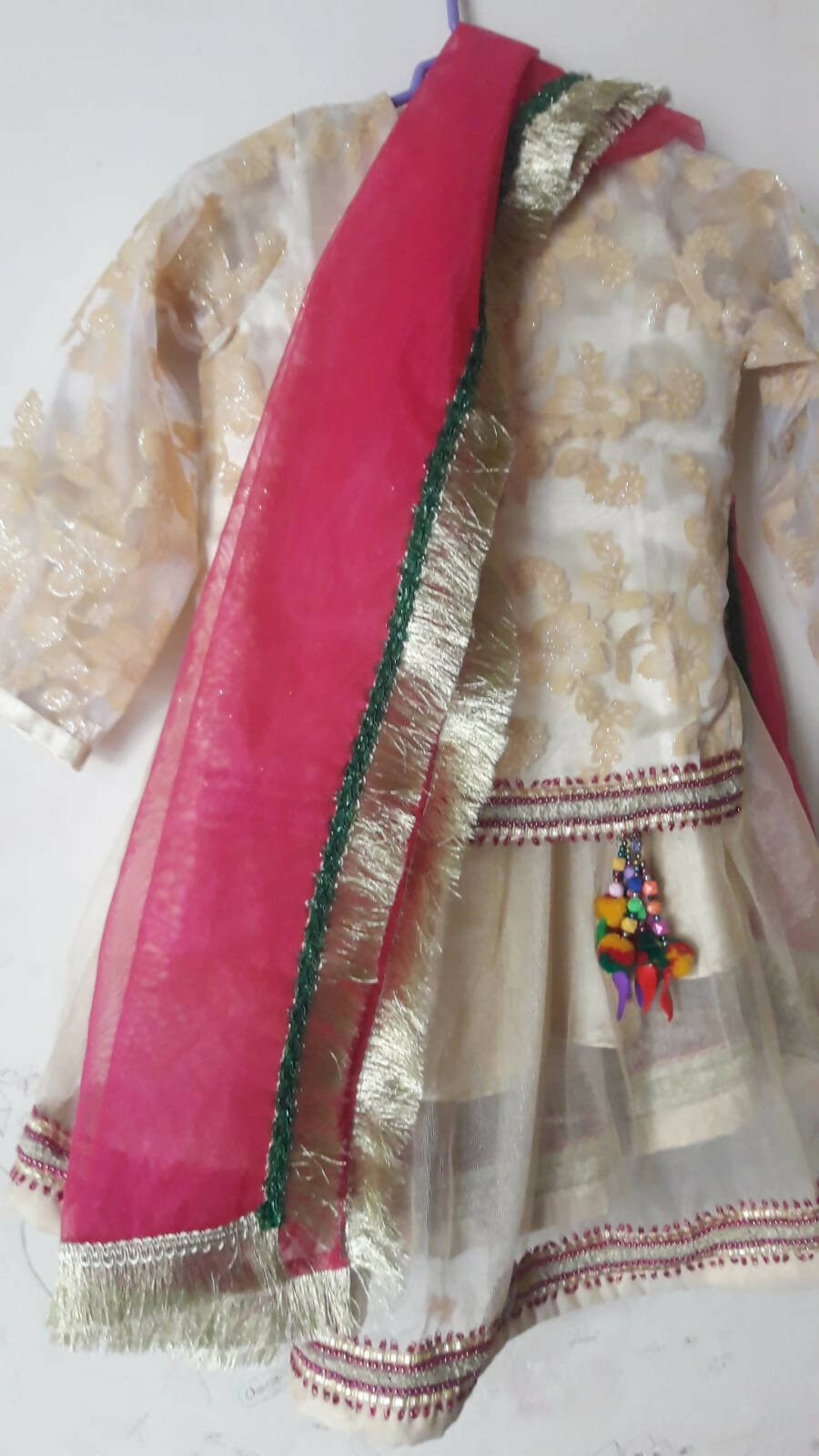 Off White Shirt Sharara Pink Dupatta | Kids | Girls Shalwar Kameez | Brand New