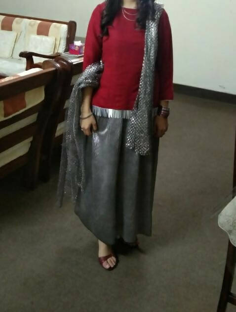 3 PC- Red Maroon Shirt with Skirt and Dupatta | Women Locally Made Formals | Small | Worn Once