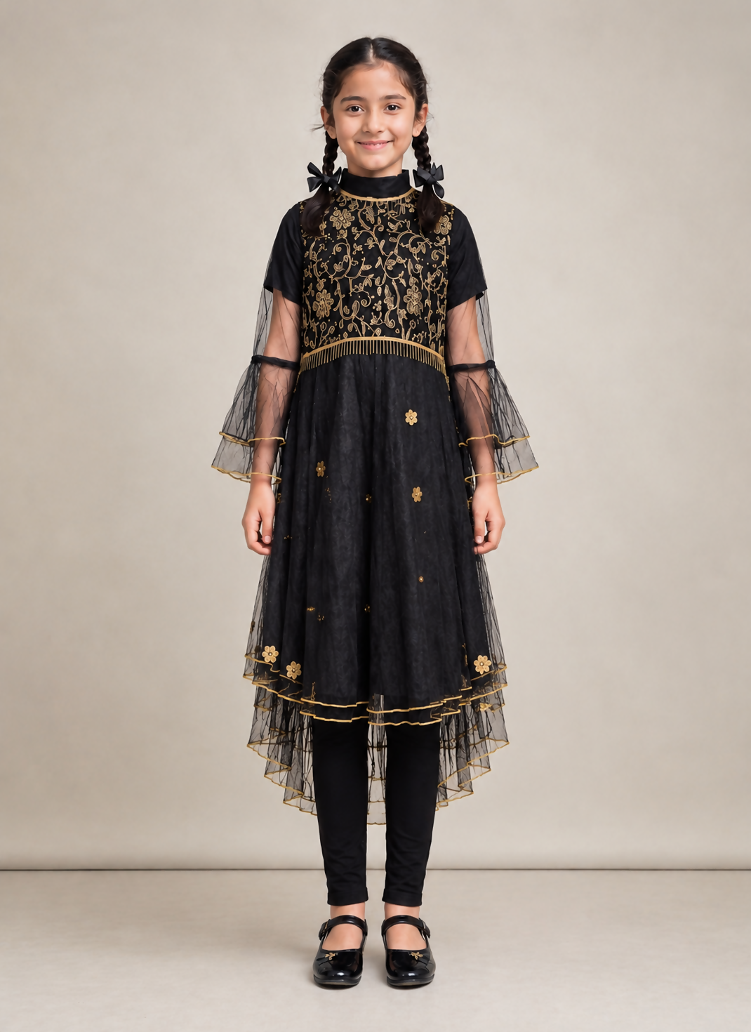 Black Maxi With Golden Embroidery | Kids | Girls Skirts & Dresses | Size: 7 to 10 Yrs | Medium | Worn Once