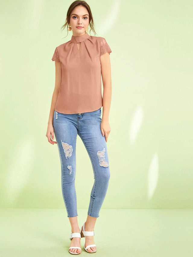 Buy SHEIN Embroidered Mesh Sleeve Keyhole Front Top in Pakistan