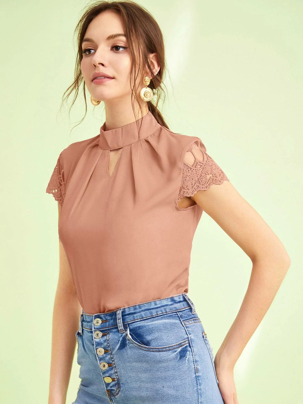 Buy SHEIN Embroidered Mesh Sleeve Keyhole Front Top in Pakistan