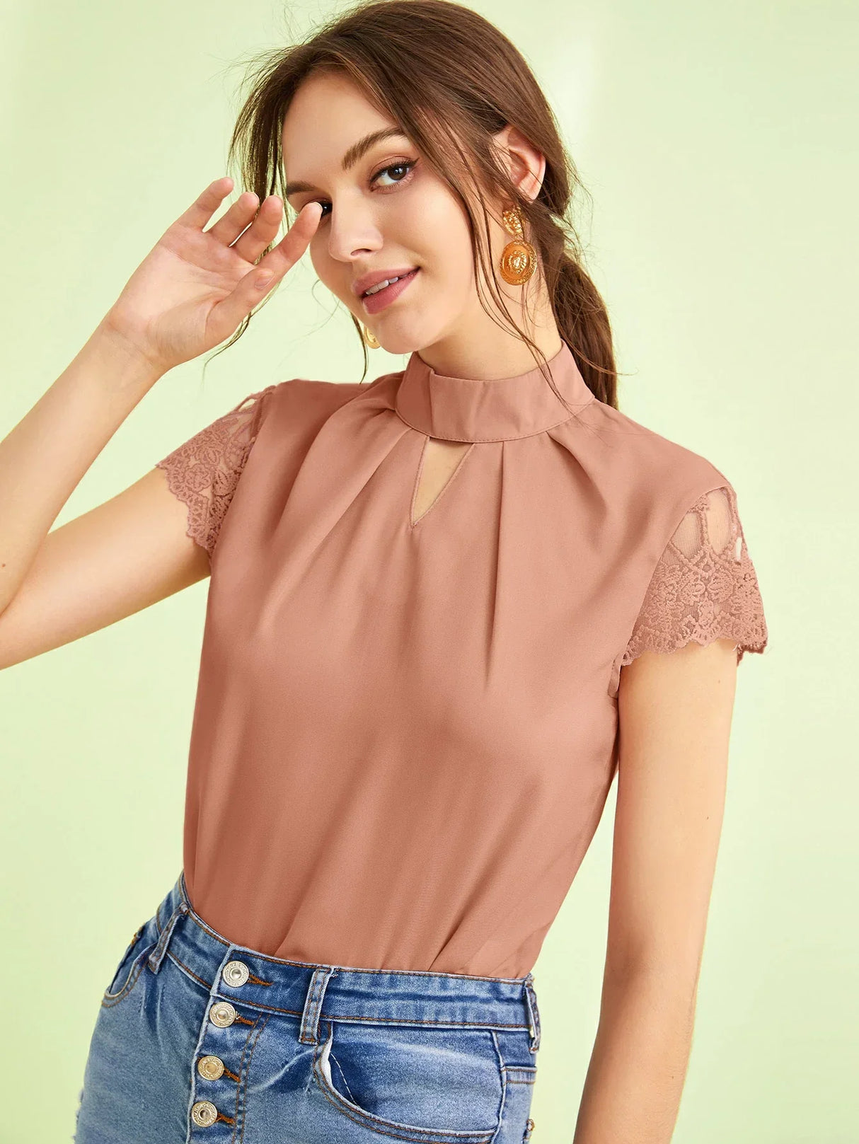 Buy SHEIN Embroidered Mesh Sleeve Keyhole Front Top in Pakistan