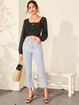 Buy Shein Polka Dot Smocked Lettuce Edge Crop Top in Pakistan