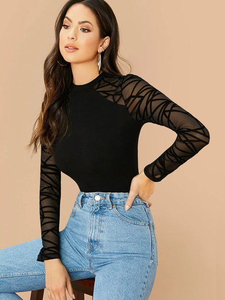 Buy SHEIN Geo Mesh Sleeve Form Fitted Bodysuit in Pakistan