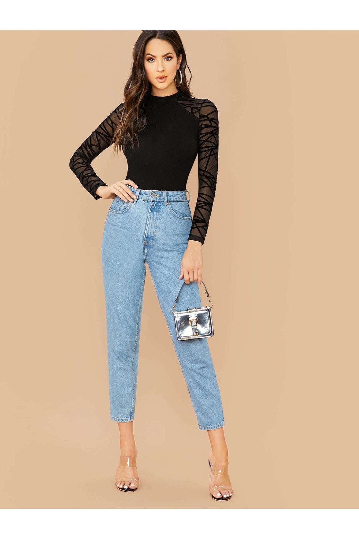 Buy SHEIN Geo Mesh Sleeve Form Fitted Bodysuit - Large Black in Pakistan