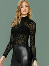 Buy SHEIN BAE Mock-neck Sheer Flocked Mesh Top Without Bra in Pakistan