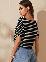 Buy SHEIN EZwear V-neck Striped Crop Tee in Pakistan