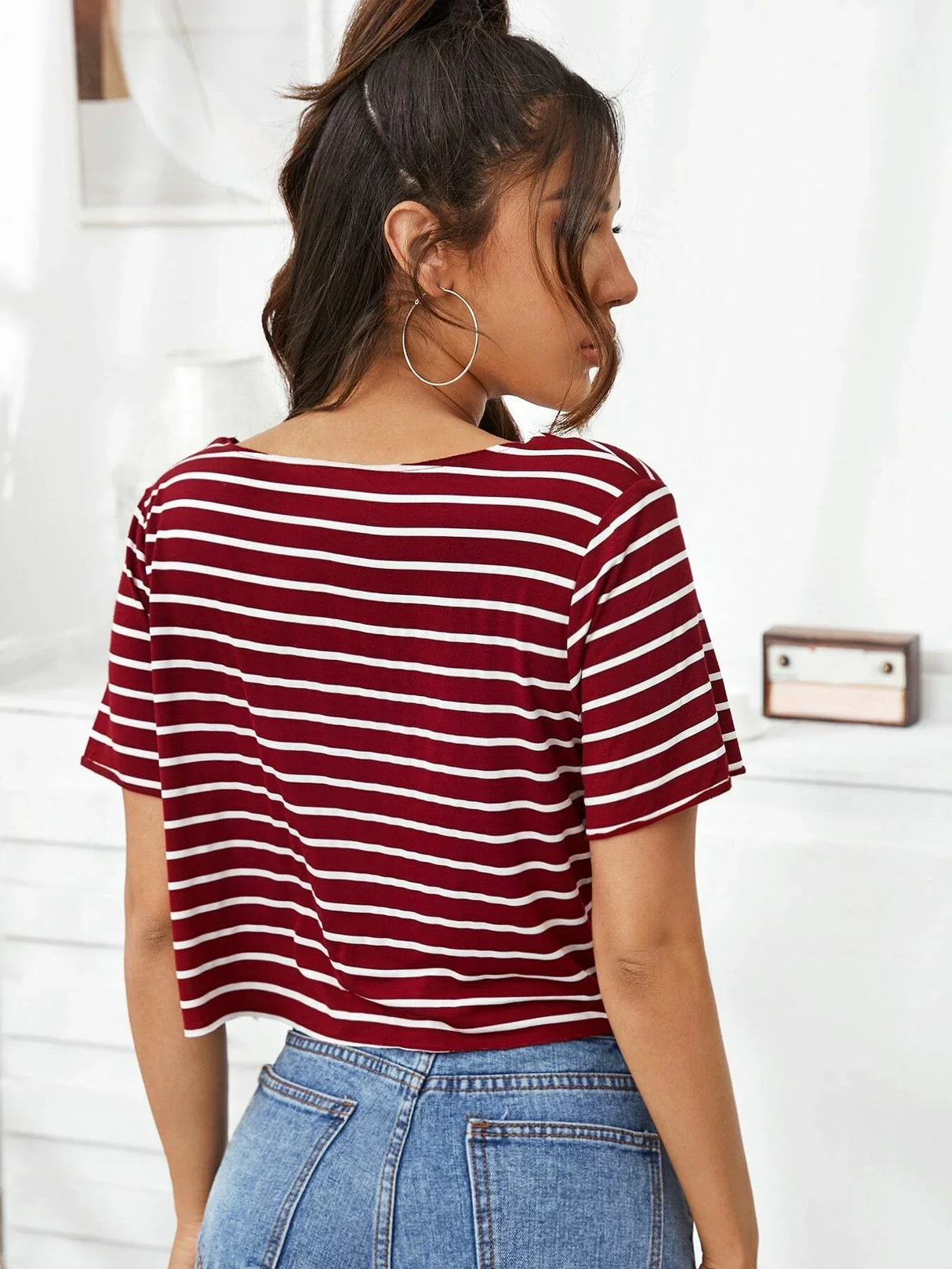 Buy SHEIN V-neck Striped Boxy Tee in Pakistan