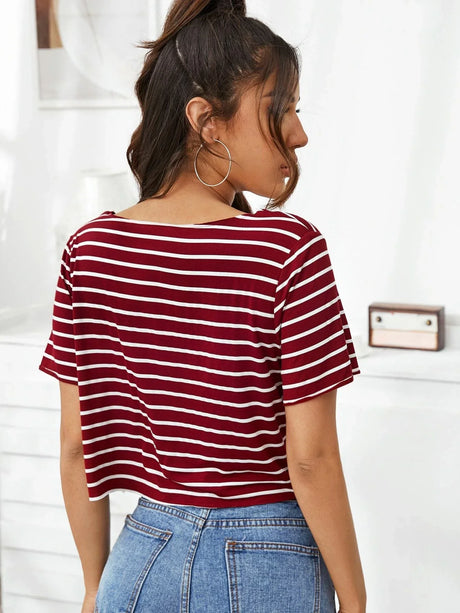 Buy SHEIN V-neck Striped Boxy Tee in Pakistan