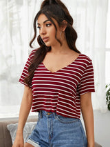 Buy SHEIN V-neck Striped Boxy Tee in Pakistan