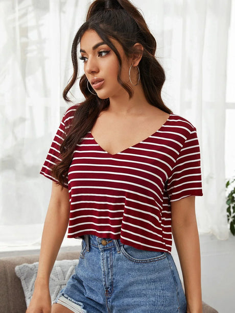 Buy SHEIN V-neck Striped Boxy Tee in Pakistan