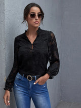 Buy Shein Frill Trim Lantern Sleeve Floral Applique Top in Pakistan