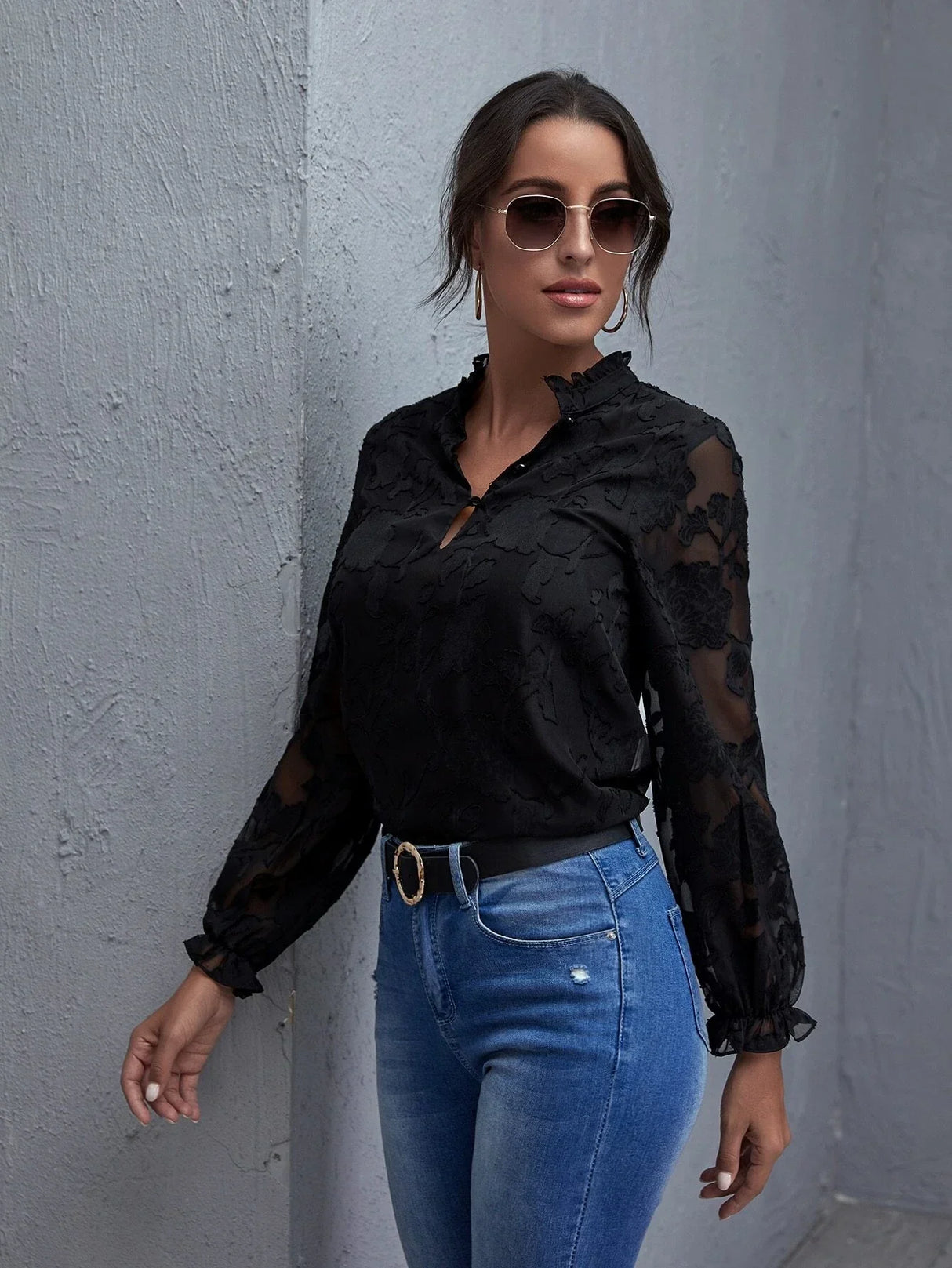 Buy Shein Frill Trim Lantern Sleeve Floral Applique Top in Pakistan