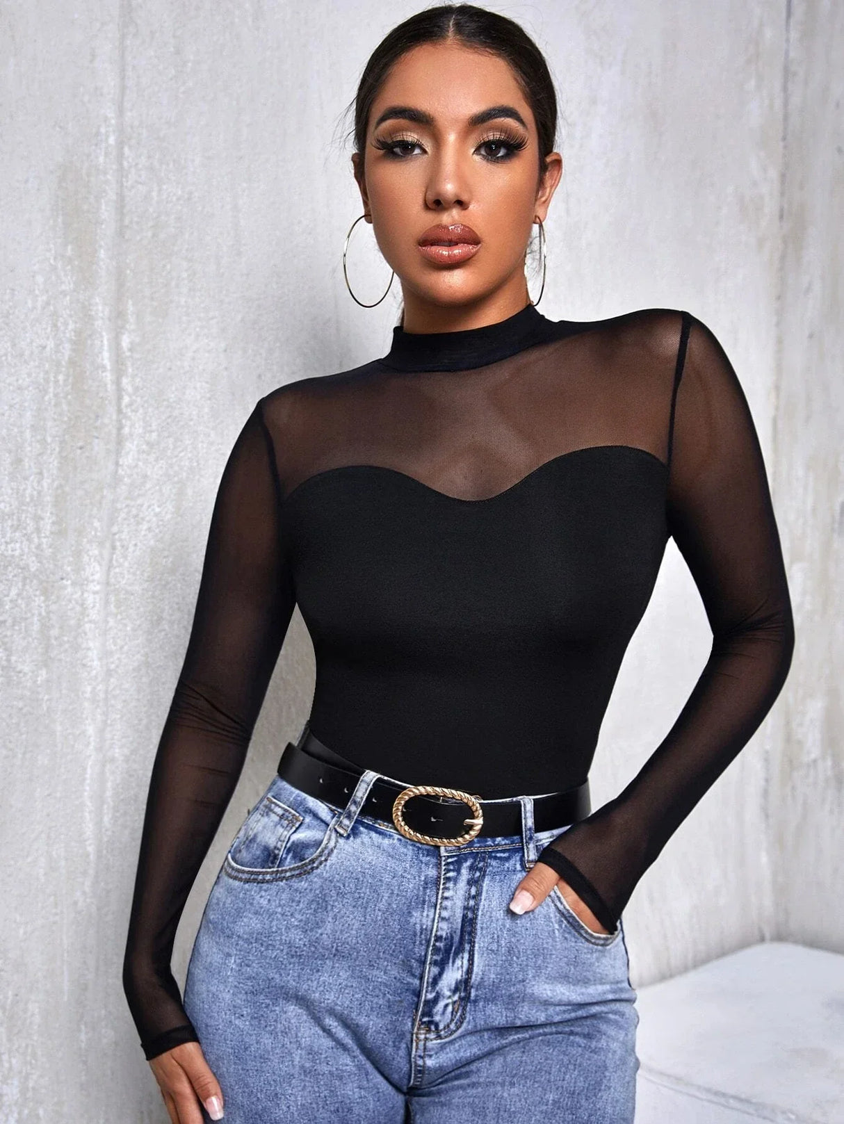 Buy SHEIN Mesh Yoke Solid Tee in Pakistan