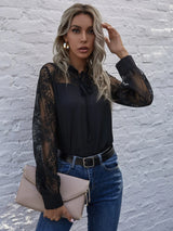 Buy SHEIN Contrast Lace Tie Neck Frill Trim Blouse in Pakistan