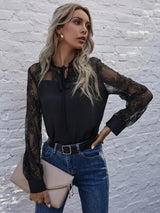Buy SHEIN Contrast Lace Tie Neck Frill Trim Blouse in Pakistan