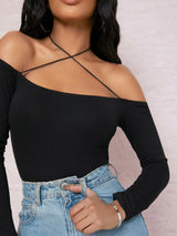Buy SHEIN BAE Off-the-Shoulder Strappy Self-Tie Choker Bodysuit in Pakistan
