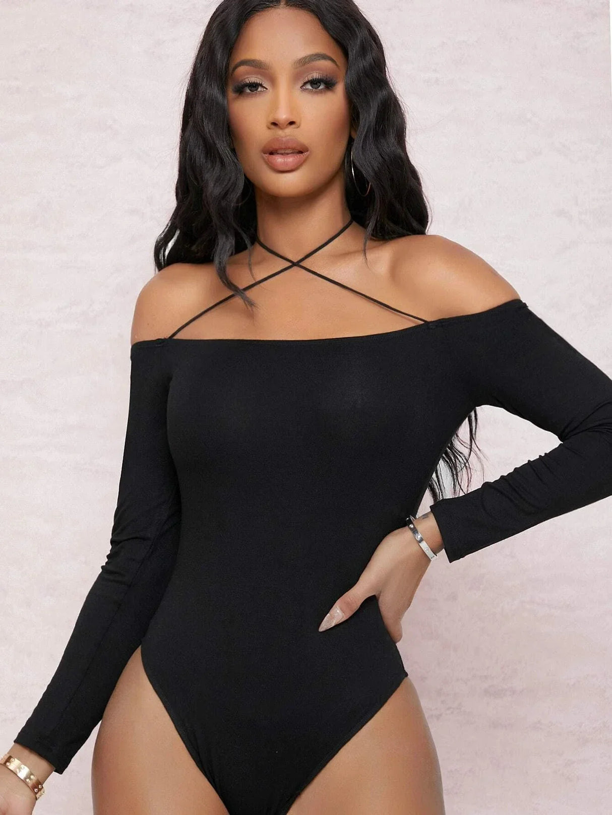 Buy SHEIN BAE Off-the-Shoulder Strappy Self-Tie Choker Bodysuit in Pakistan