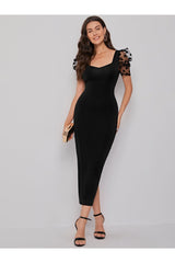 Buy SHEIN Sweetheart Neck Mesh Puff Sleeve Dress - Large Black in Pakistan