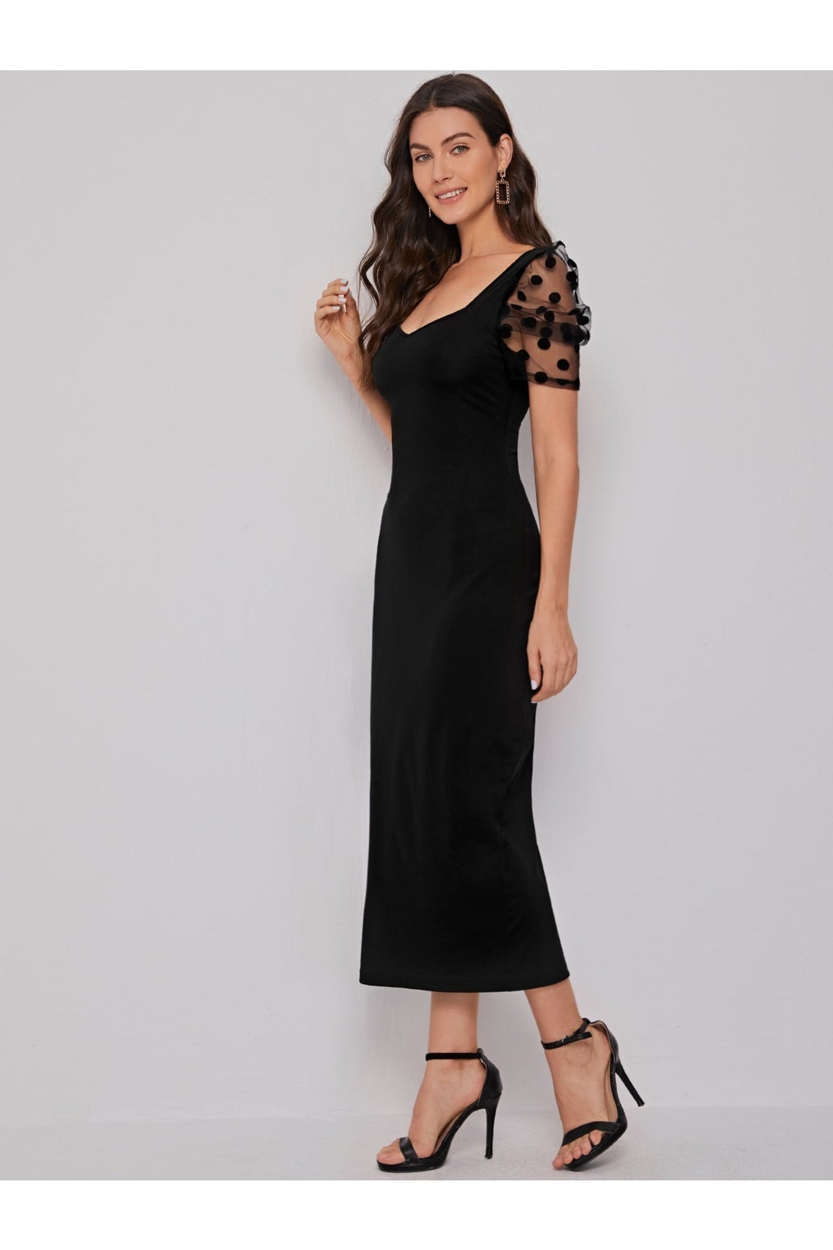Buy SHEIN Sweetheart Neck Mesh Puff Sleeve Dress - Large Black in Pakistan