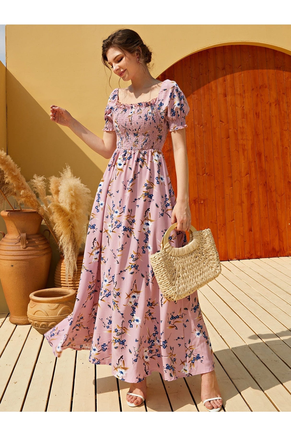 Buy Shein Floral Square Neck Shirred A-line Dress - Small Dusty Pink in Pakistan